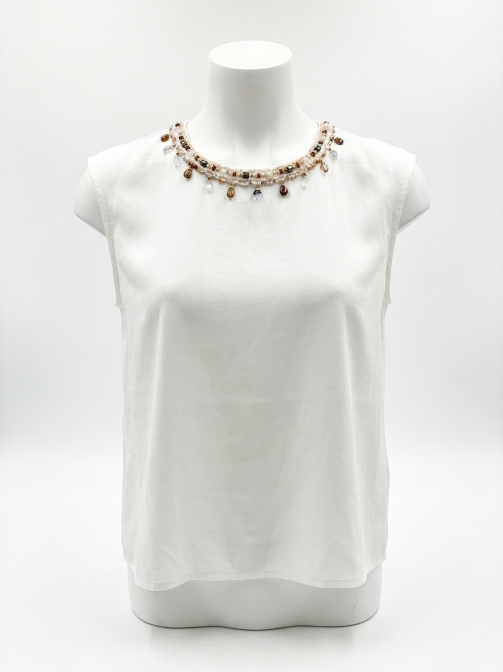 NEW PAPARAZZI linen beaded crew neck sleeveless blouse in white